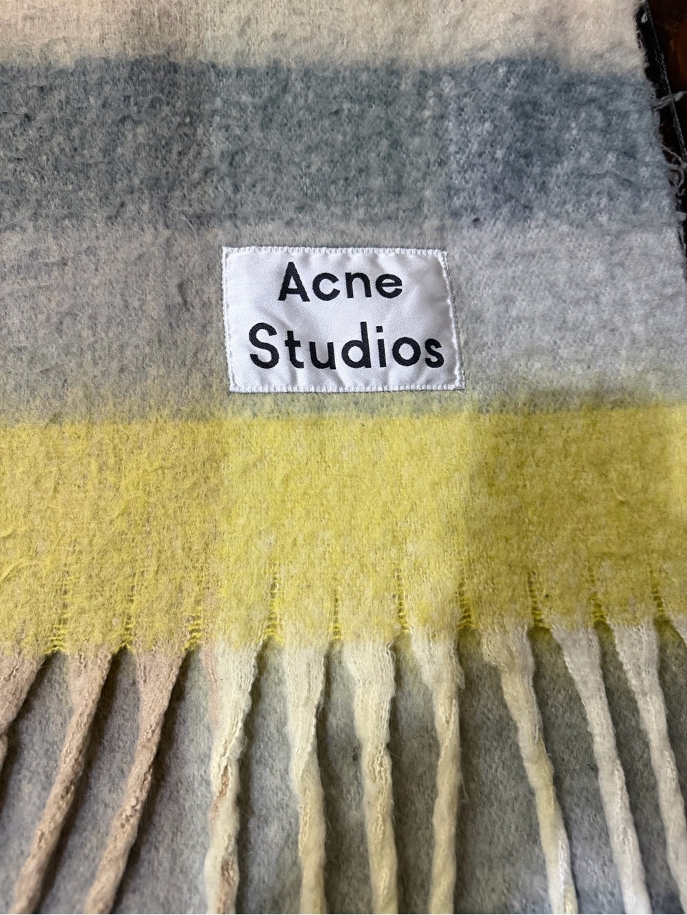 Acne Yellow Gray Cream Striped Fringe Scarf
